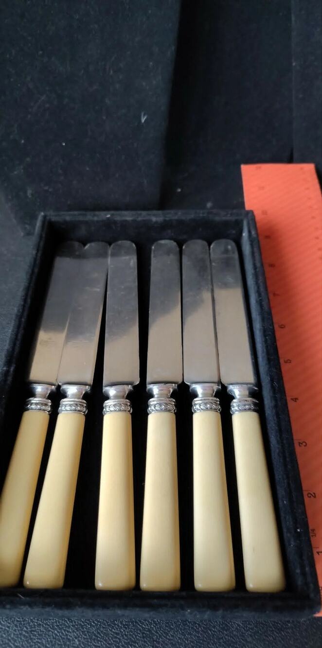 Vintage 6pc Sheffield knives, sterling bands, celluloid handles